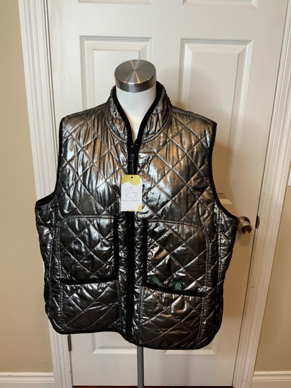 Lauren Ralph Lauren Silver Metallic Quilted Reversible Vest Corduroy Trim Sze 3X